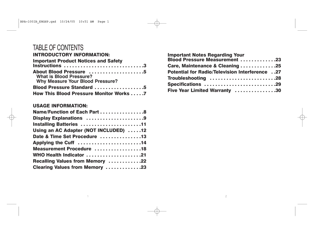 HoMedics BPA-100 manual Table of Contents 