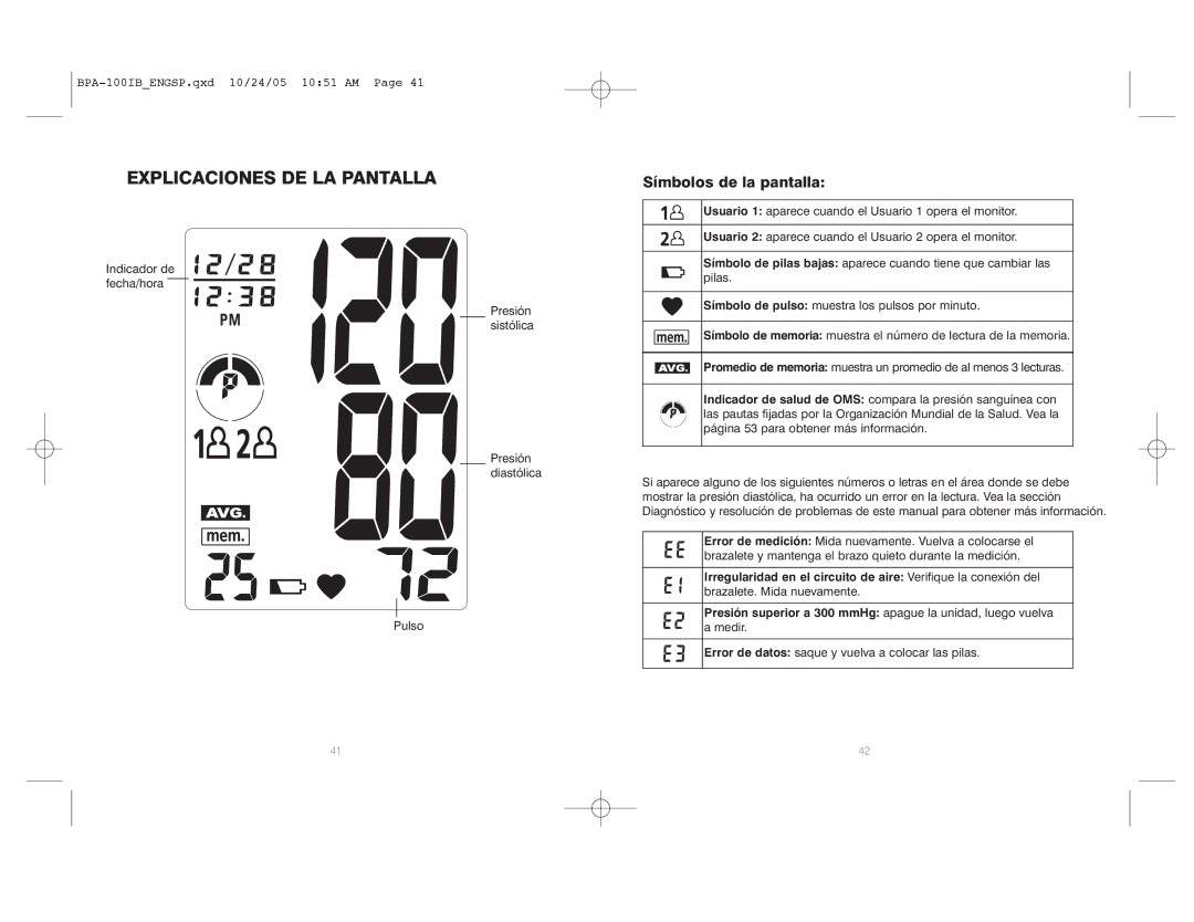 HoMedics BPA-100 manual Explicaciones DE LA Pantalla, Símbolos de la pantalla 