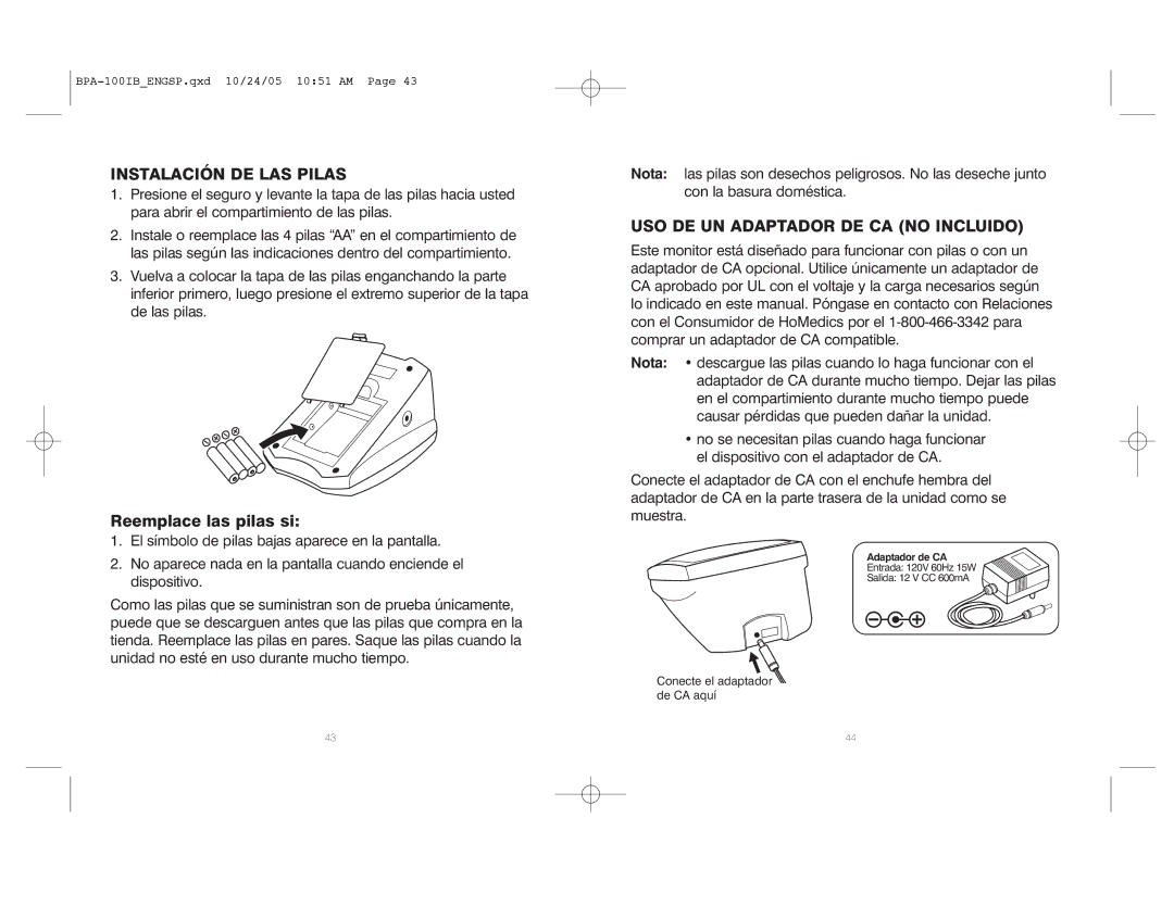 HoMedics BPA-100 manual Instalación DE LAS Pilas, USO DE UN Adaptador DE CA no Incluido 