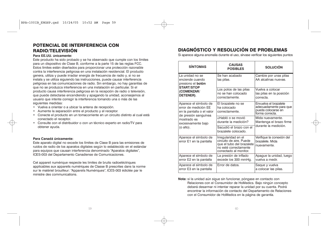 HoMedics BPA-100 manual Potencial DE Interferencia CON RADIO/TELEVISIÓN, Diagnóstico Y Resolución DE Problemas 