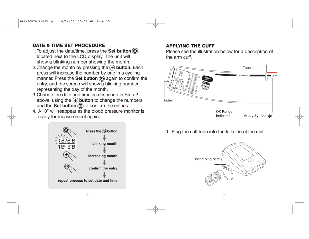 HoMedics BPA-100 manual Date & Time SET Procedure, Applying the Cuff 