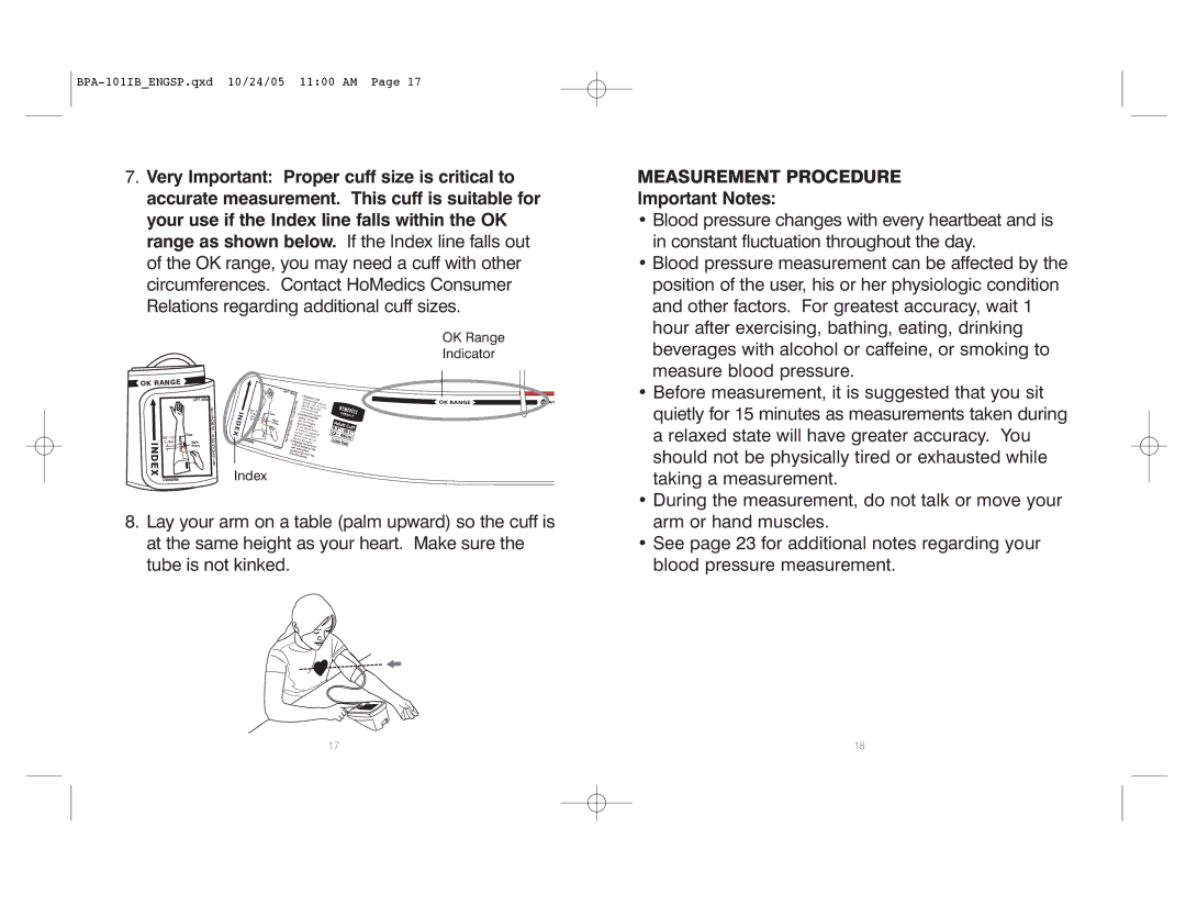 HoMedics BPA-101 manual Measurement Procedure, Important Notes 