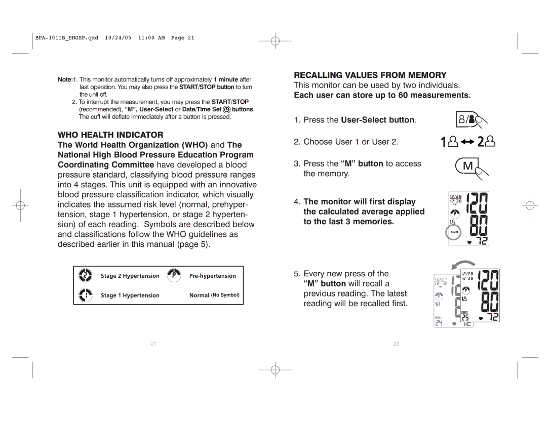 HoMedics BPA-101 manual WHO Health Indicator, Recalling Values from Memory 