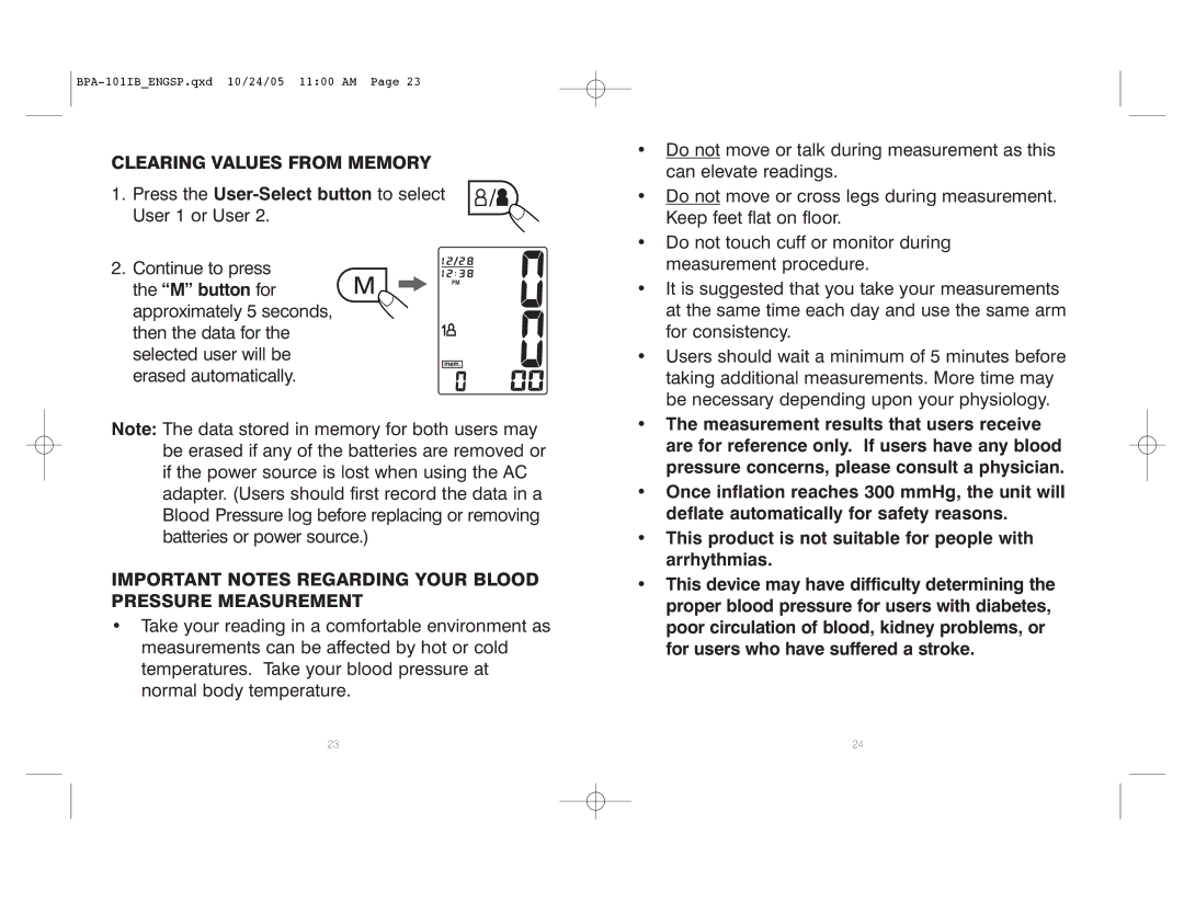 HoMedics BPA-101 manual Clearing Values from Memory, Important Notes Regarding Your Blood Pressure Measurement 