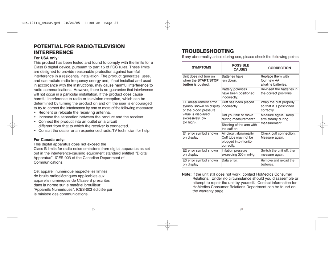 HoMedics BPA-101 manual Potential for RADIO/TELEVISION Interference, Troubleshooting, For USA only, For Canada only 