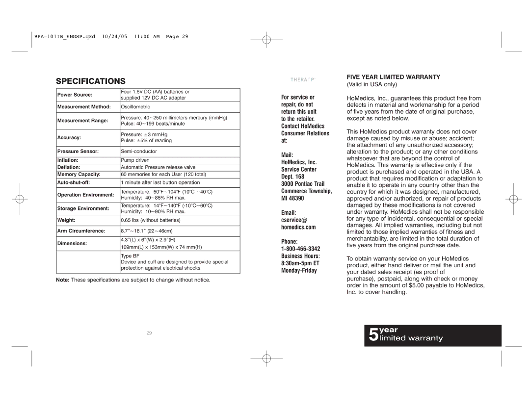 HoMedics BPA-101 manual Specifications, Dimensions 