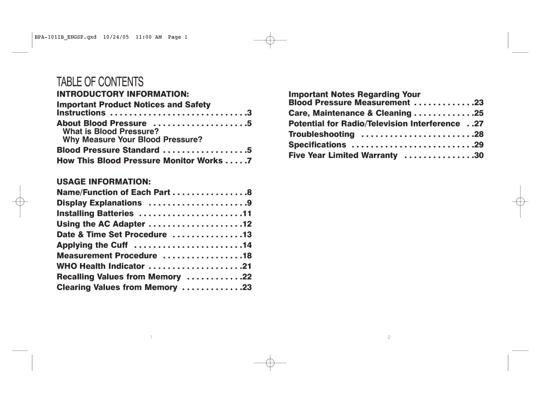 HoMedics BPA-101 manual Table of Contents 