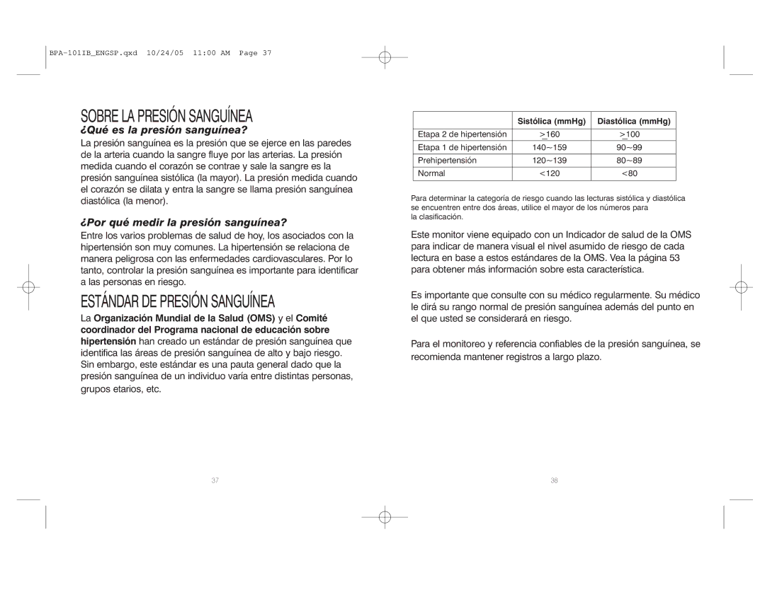 HoMedics BPA-101 manual Sobre LA Presión Sanguínea, Sistólica mmHg Diastólica mmHg 