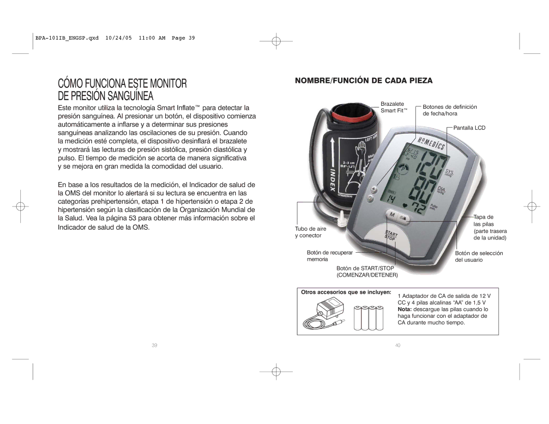 HoMedics BPA-101 manual NOMBRE/FUNCIÓN DE Cada Pieza, Otros accesorios que se incluyen 