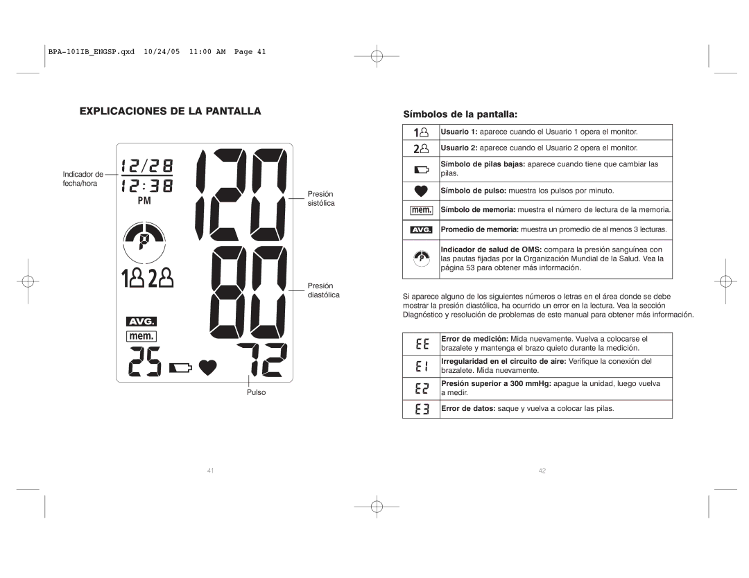 HoMedics BPA-101 manual Explicaciones DE LA Pantalla, Símbolos de la pantalla 