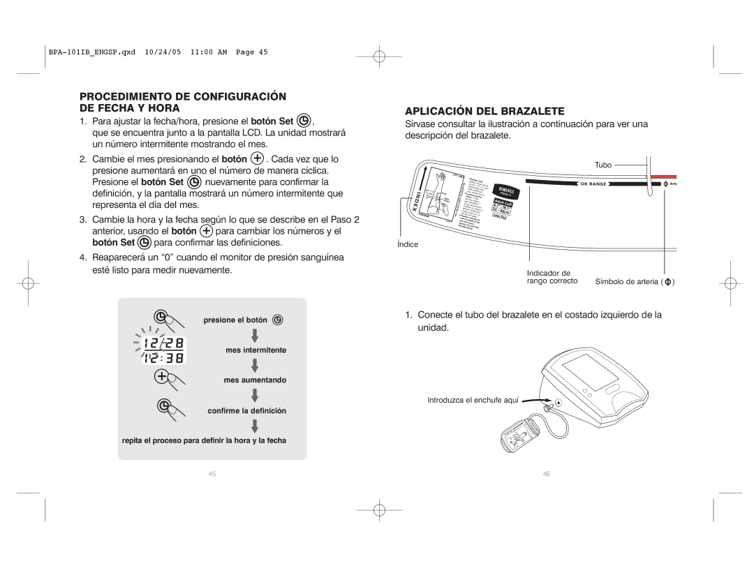 HoMedics BPA-101 manual Procedimiento DE Configuración DE Fecha Y Hora, Aplicación DEL Brazalete 