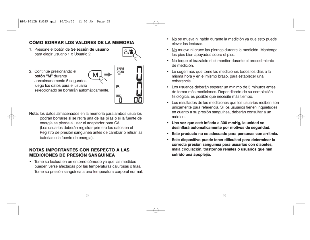 HoMedics BPA-101 manual Cómo Borrar LOS Valores DE LA Memoria 