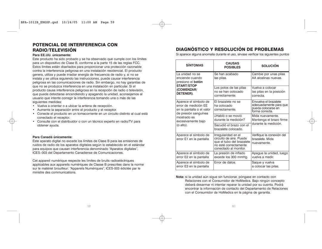 HoMedics BPA-101 manual Potencial DE Interferencia CON RADIO/TELEVISIÓN, Diagnóstico Y Resolución DE Problemas 