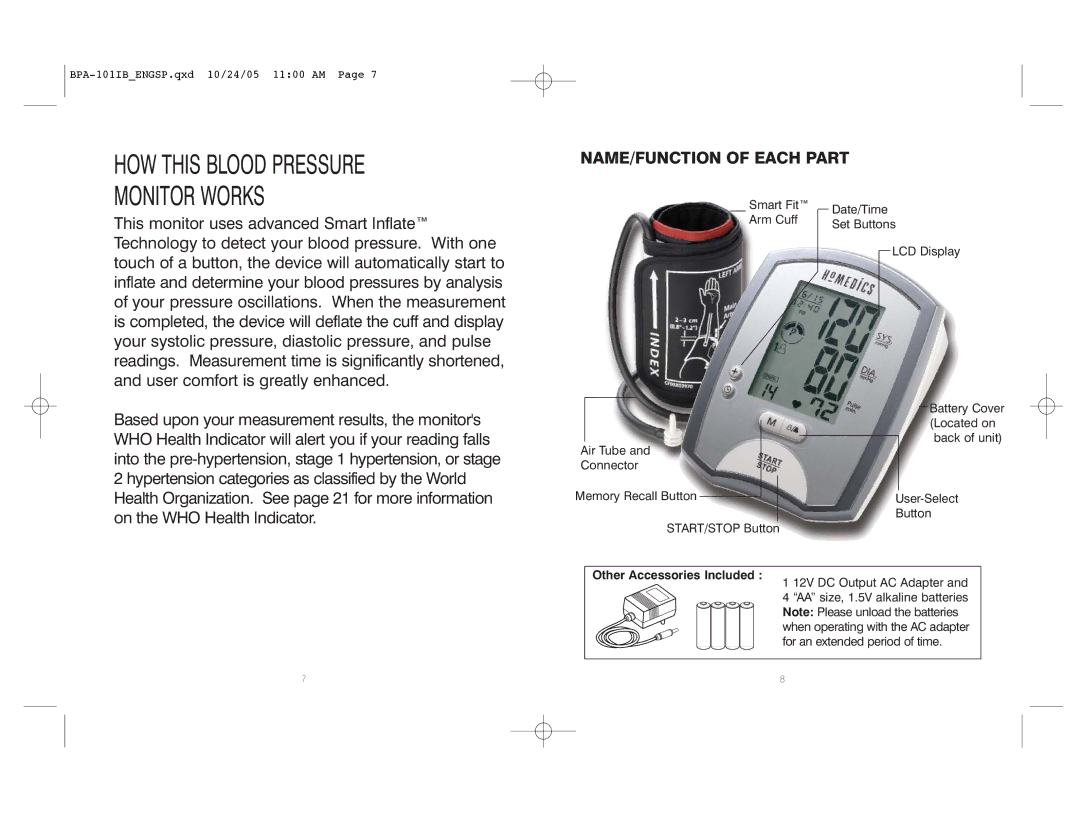 HoMedics BPA-101 manual NAME/FUNCTION of Each Part, Other Accessories Included 