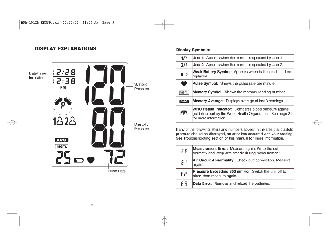 HoMedics BPA-101 manual Display Explanations, Display Symbols 