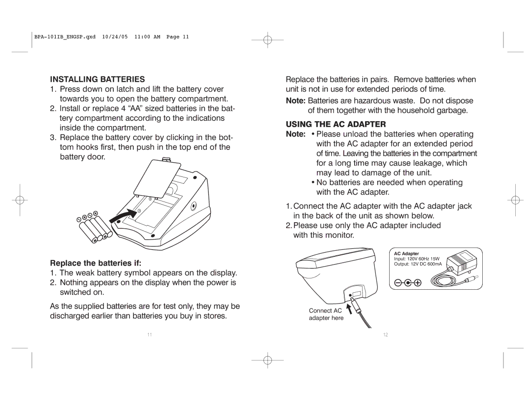 HoMedics BPA-101 manual Installing Batteries, Using the AC Adapter 