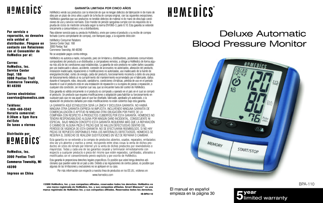 HoMedics BPA-110 manual Deluxe Automatic Blood Pressure Monitor 