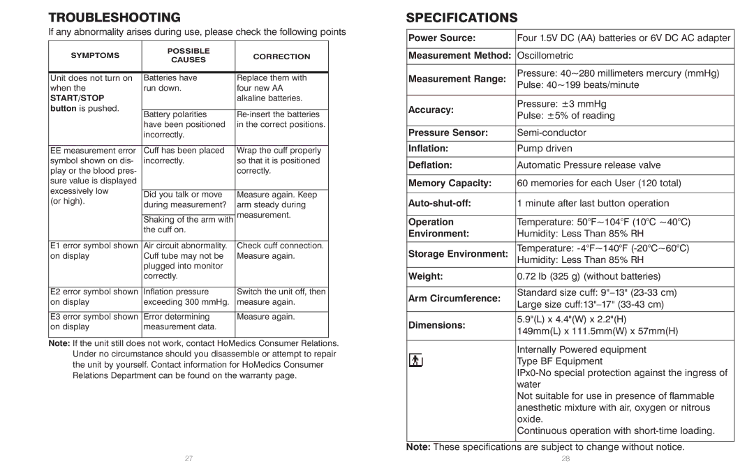 HoMedics BPA-110 manual Troubleshooting, Specifications 