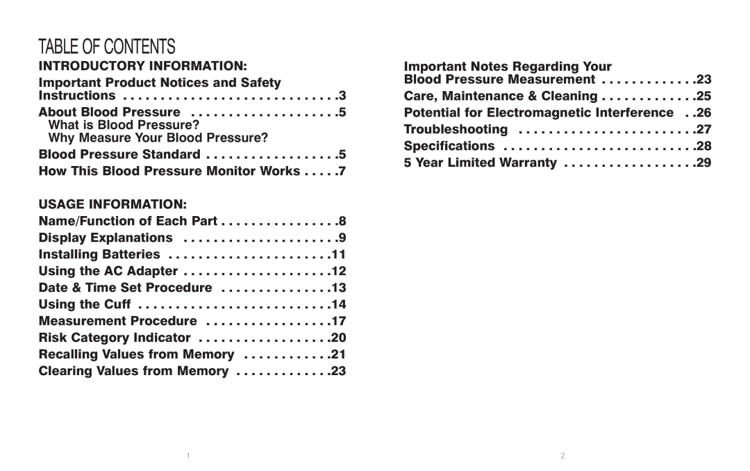 HoMedics BPA-110 manual Table of Contents 