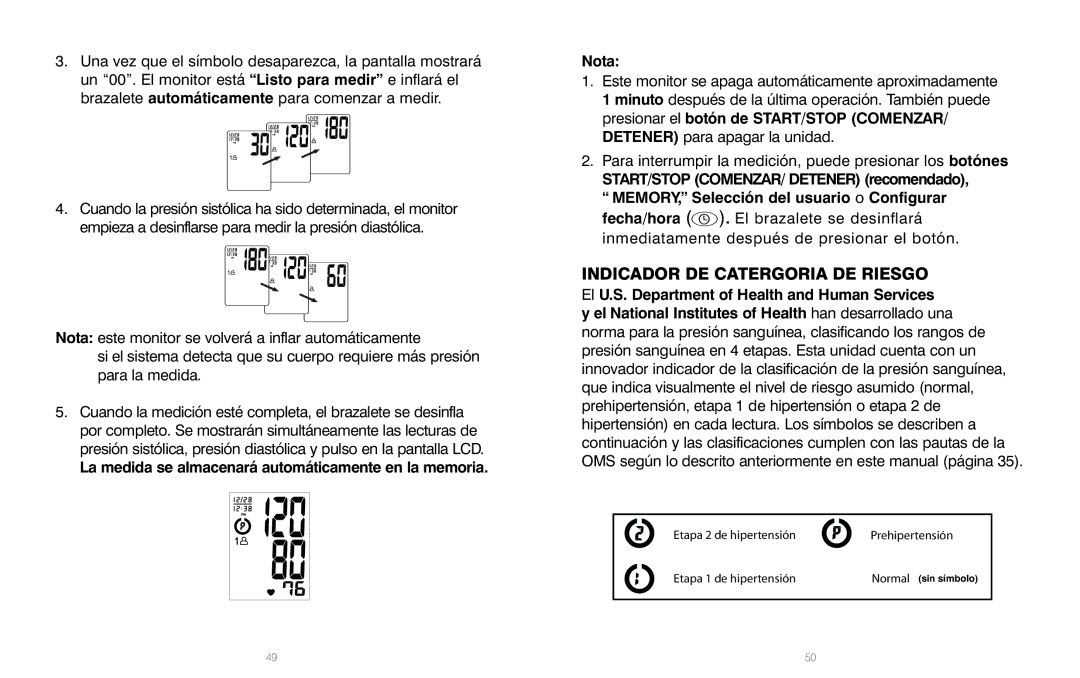 HoMedics BPA-110 manual Indicador DE Catergoria DE Riesgo, La medida se almacenará automáticamente en la memoria Nota 