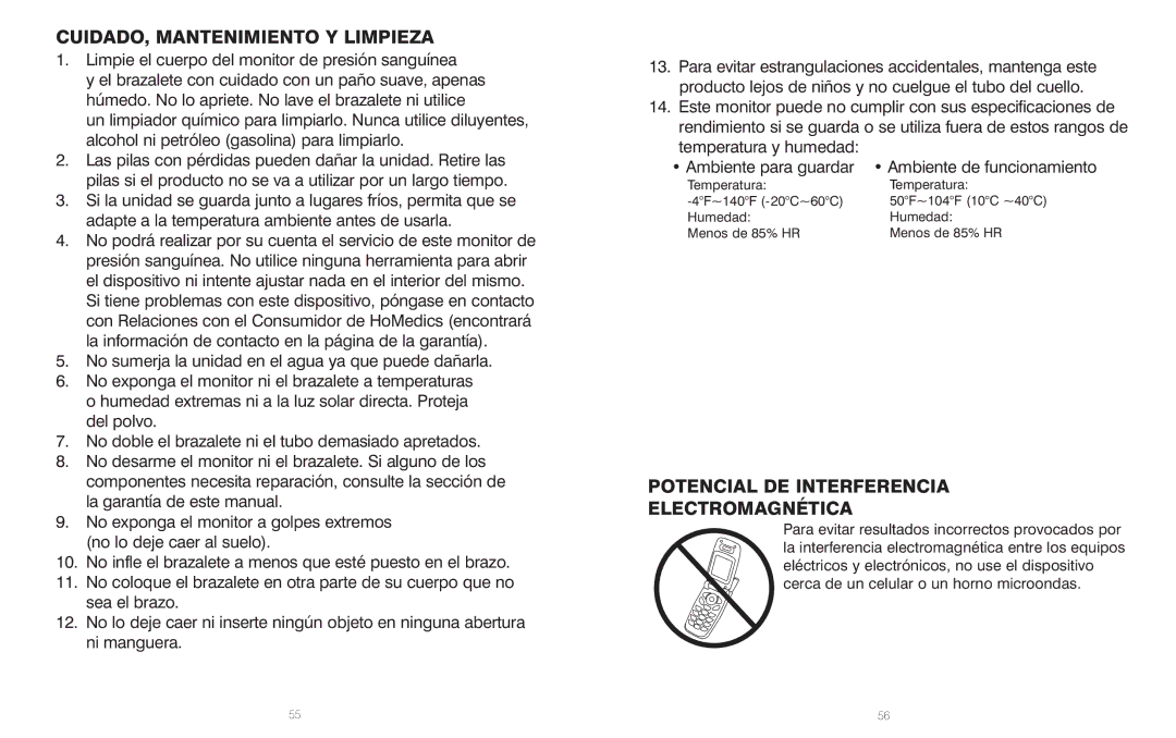 HoMedics BPA-110 manual CUIDADO, Mantenimiento Y Limpieza, Potencial DE Interferencia Electromagnética 