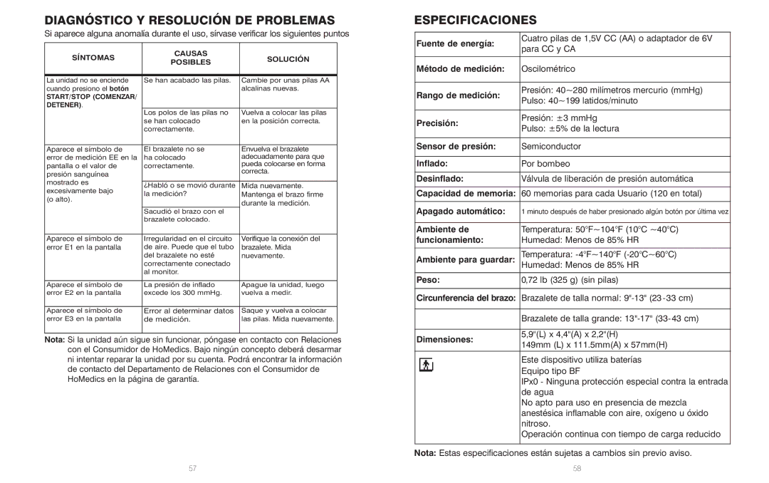 HoMedics BPA-110 manual Diagnóstico Y Resolución DE Problemas, Especificaciones 