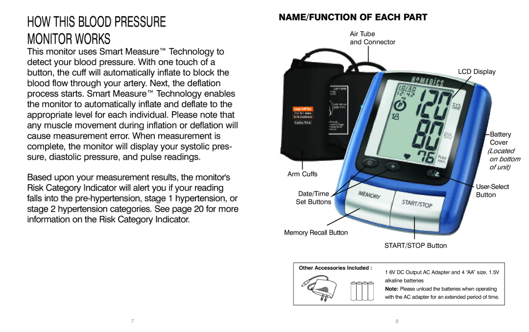 HoMedics BPA-110 manual HOW this Blood Pressure Monitor Works, NAME/FUNCTION of Each Part 