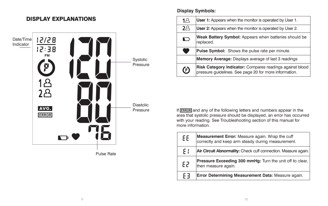 HoMedics BPA-110 manual Display Explanations, Display Symbols 