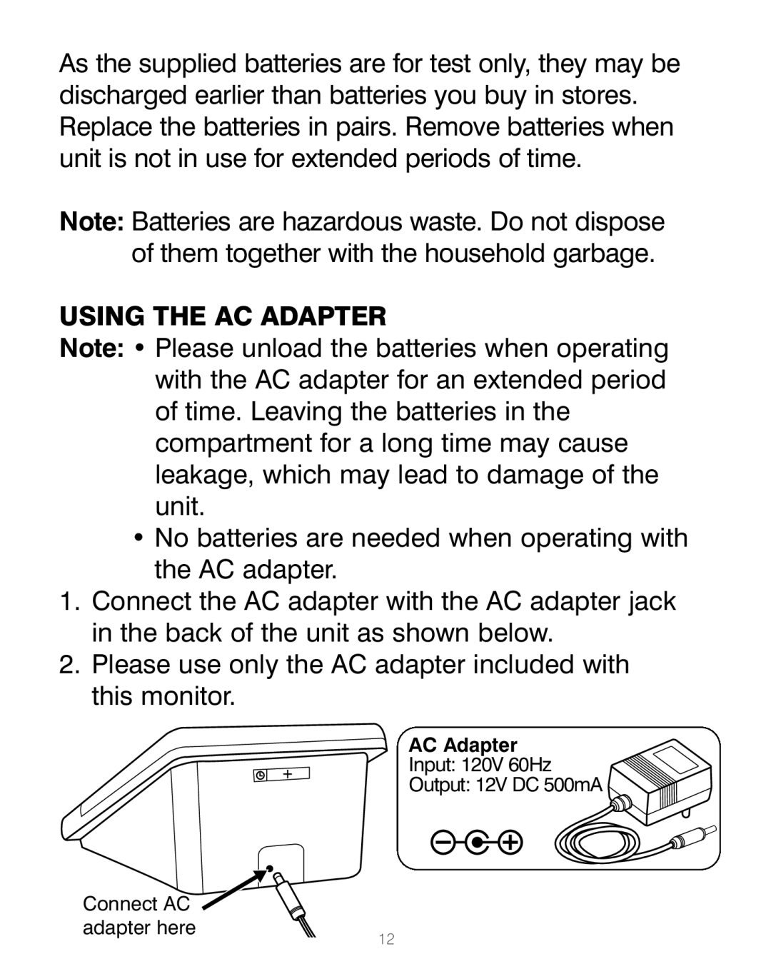 HoMedics BPA-200 manual Using the AC Adapter 