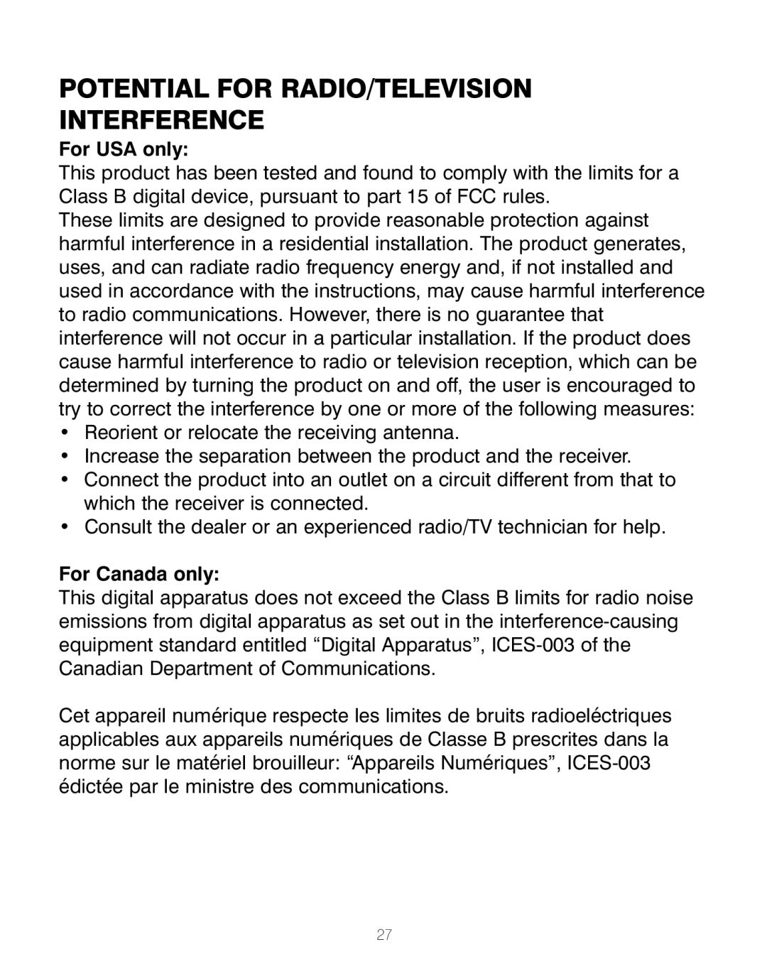 HoMedics BPA-200 manual Potential for RADIO/TELEVISION Interference, For USA only 