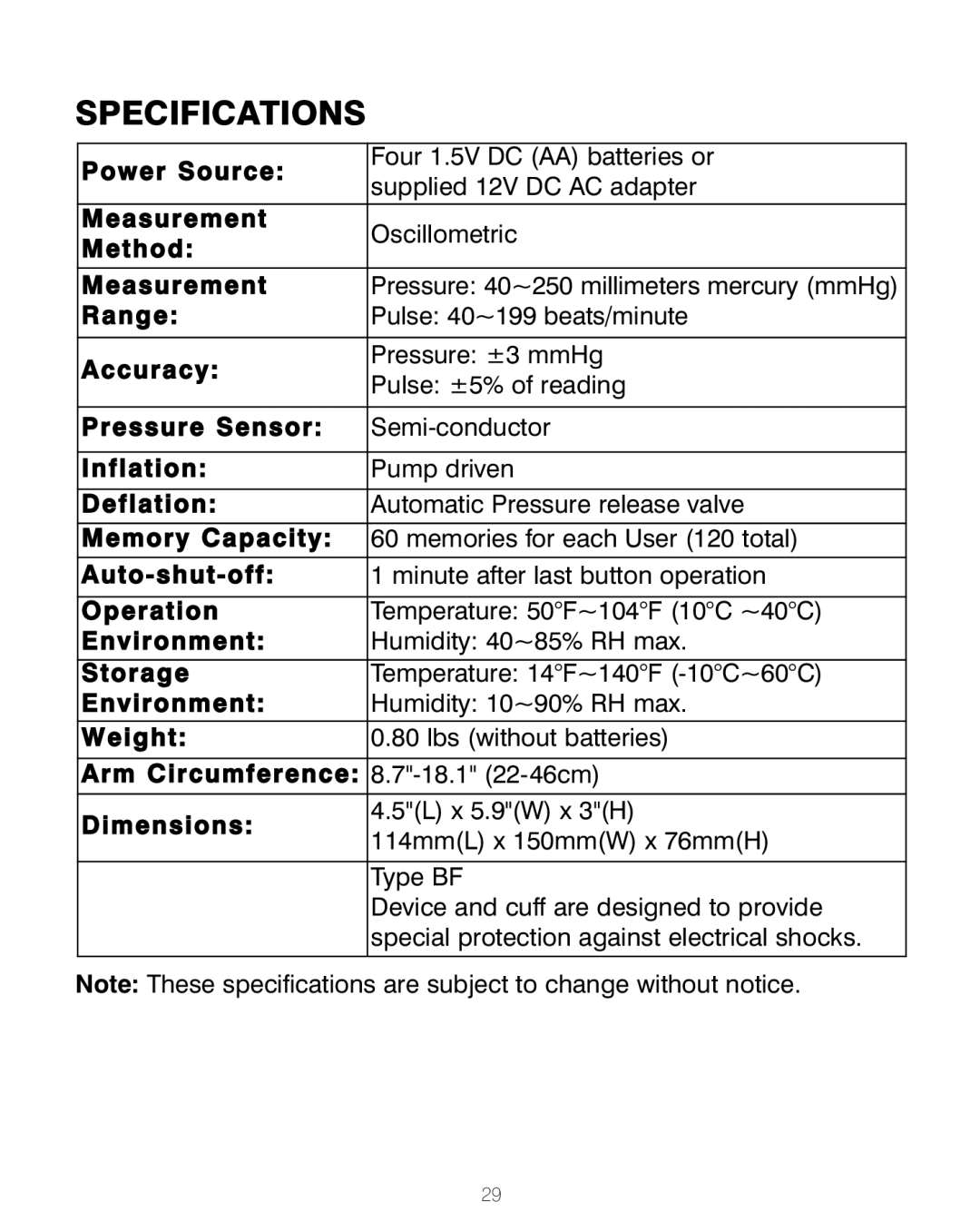 HoMedics BPA-200 manual Specifications, Dimensions 