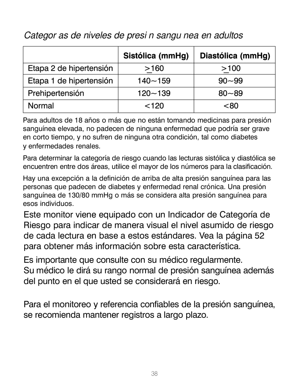 HoMedics BPA-200 manual Categorías de niveles de presión sanguínea en adultos 