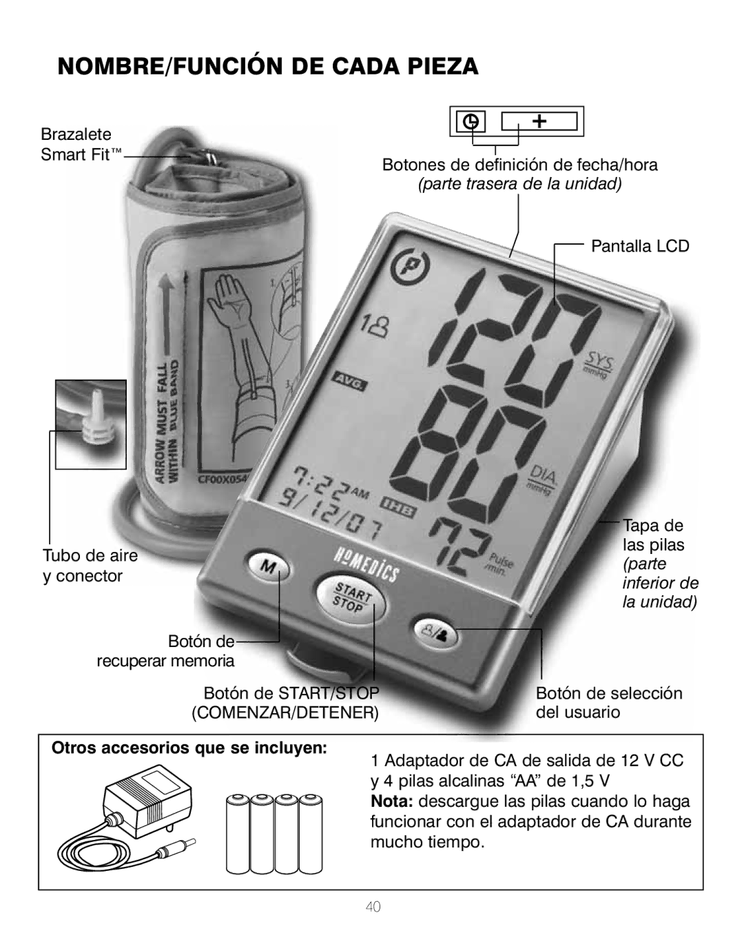 HoMedics BPA-200 manual NOMBRE/FUNCIÓN DE Cada Pieza, Parte trasera de la unidad 