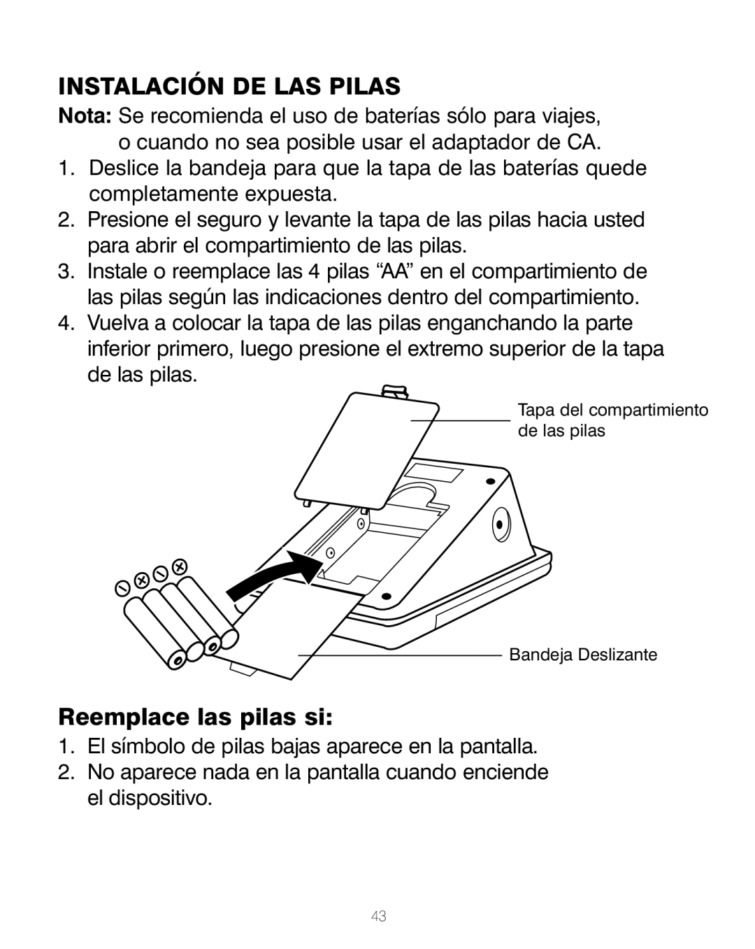 HoMedics BPA-200 manual Instalación DE LAS Pilas, Reemplace las pilas si 