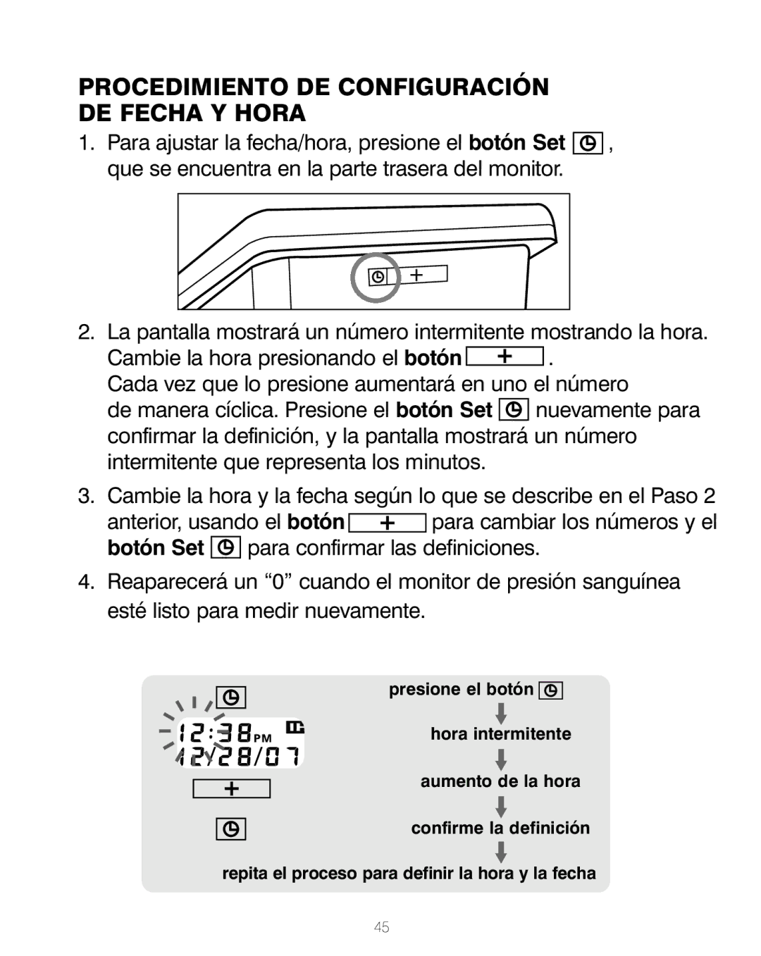 HoMedics BPA-200 manual Procedimiento DE Configuración DE Fecha Y Hora 