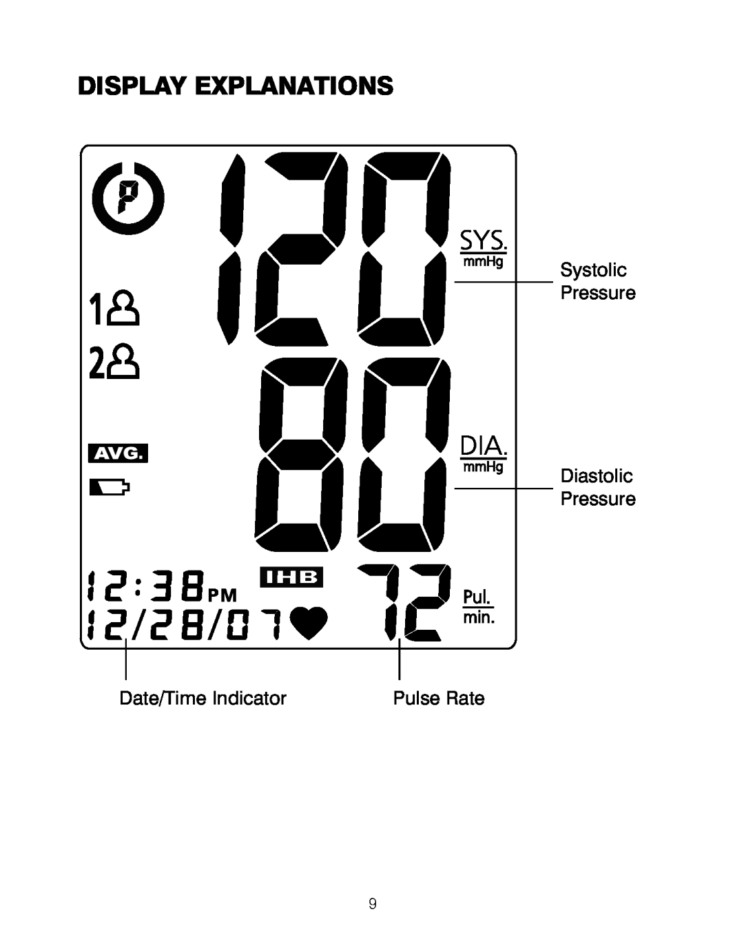 HoMedics BPA-200 manual Display Explanations, Systolic Pressure Diastolic Pressure, Date/Time Indicator 