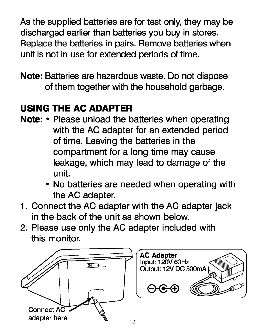 HoMedics BPA-200 manual Using The Ac Adapter 