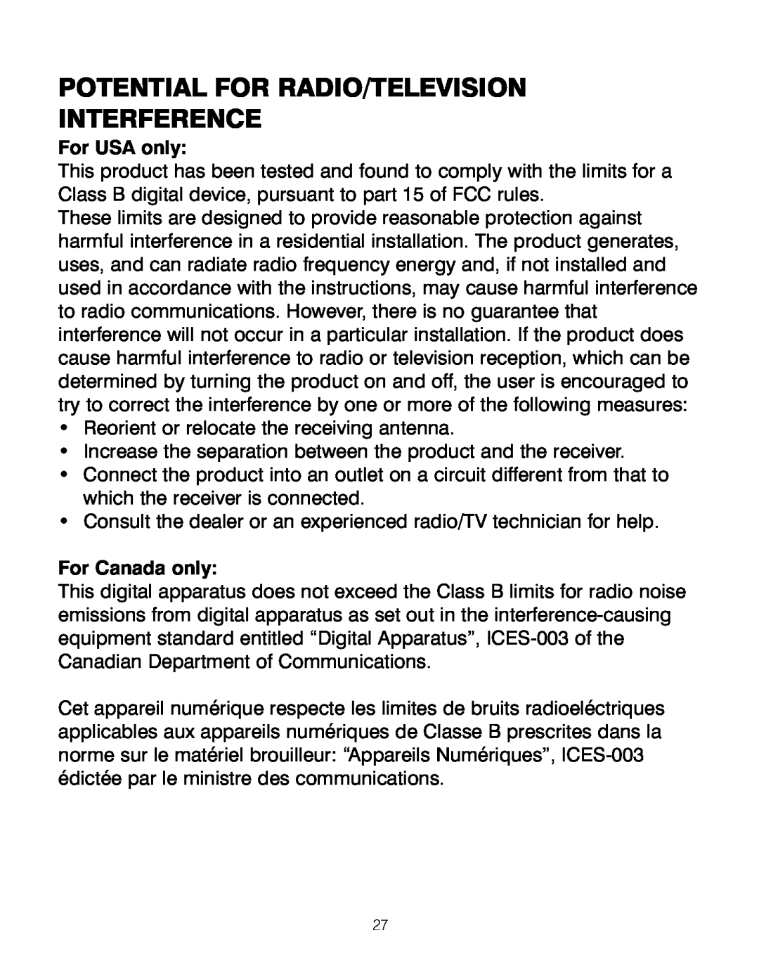 HoMedics BPA-200 manual Potential For Radio/Television Interference, For USA only, For Canada only 
