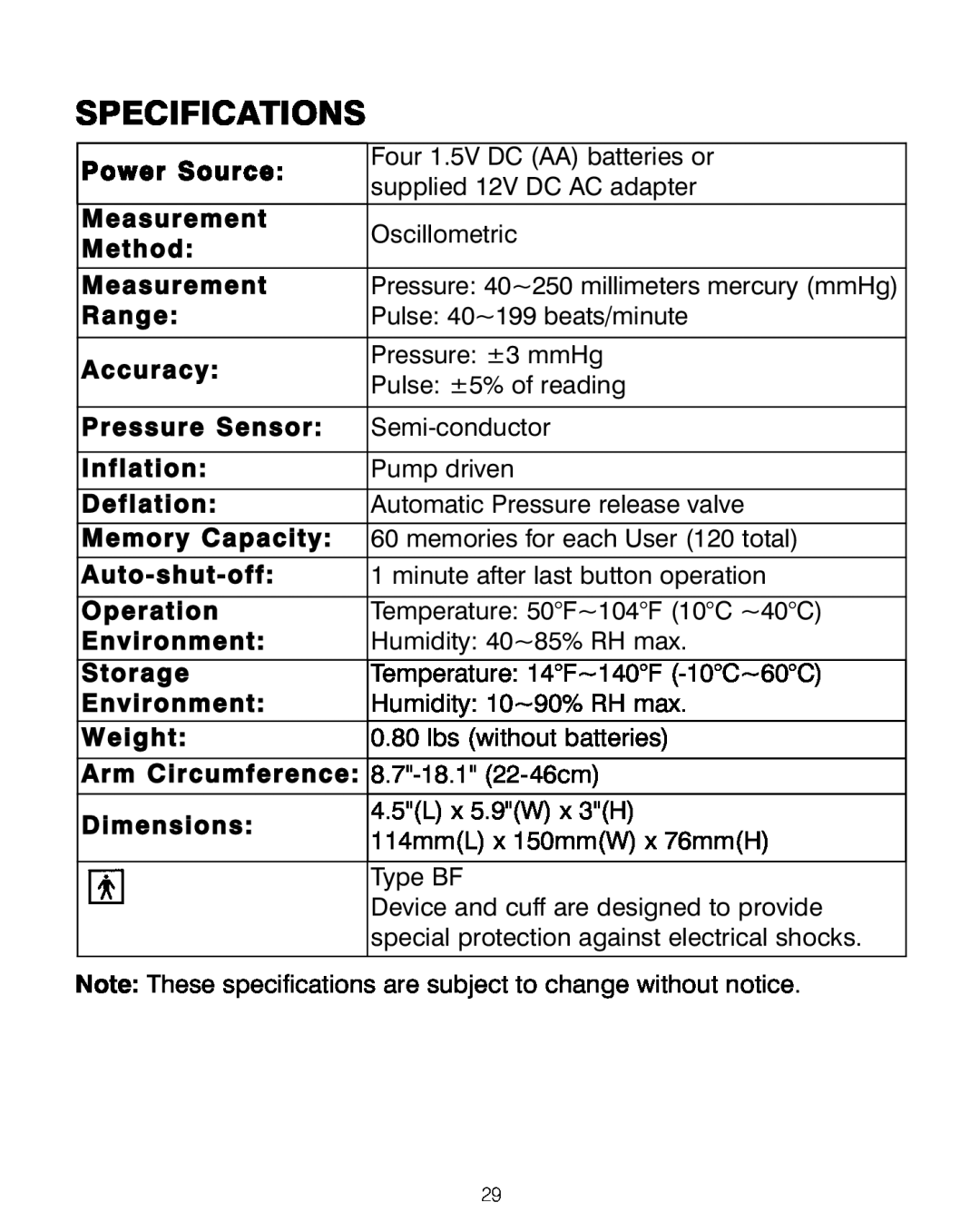 HoMedics BPA-200 manual Specifications 