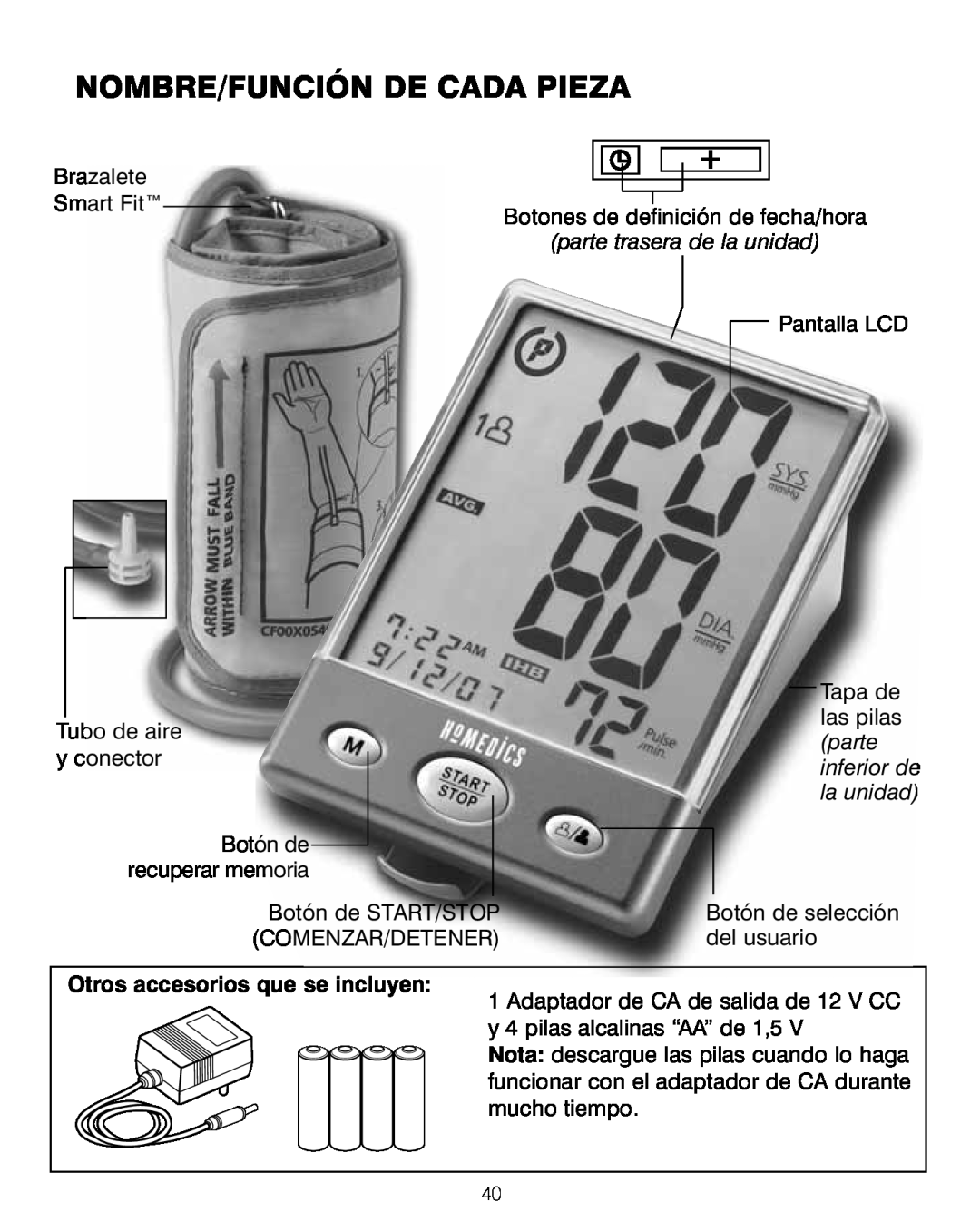 HoMedics BPA-200 manual Nombre/Función De Cada Pieza, parte trasera de la unidad, Otros accesorios que se incluyen 
