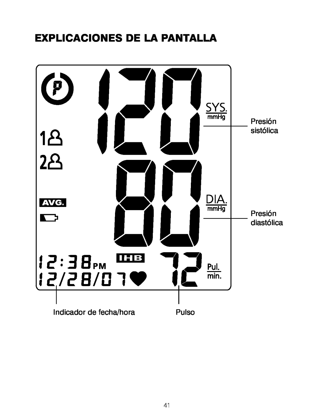 HoMedics BPA-200 manual Explicaciones De La Pantalla, Presión sistólica Presión diastólica, Indicador de fecha/hora, Pulso 