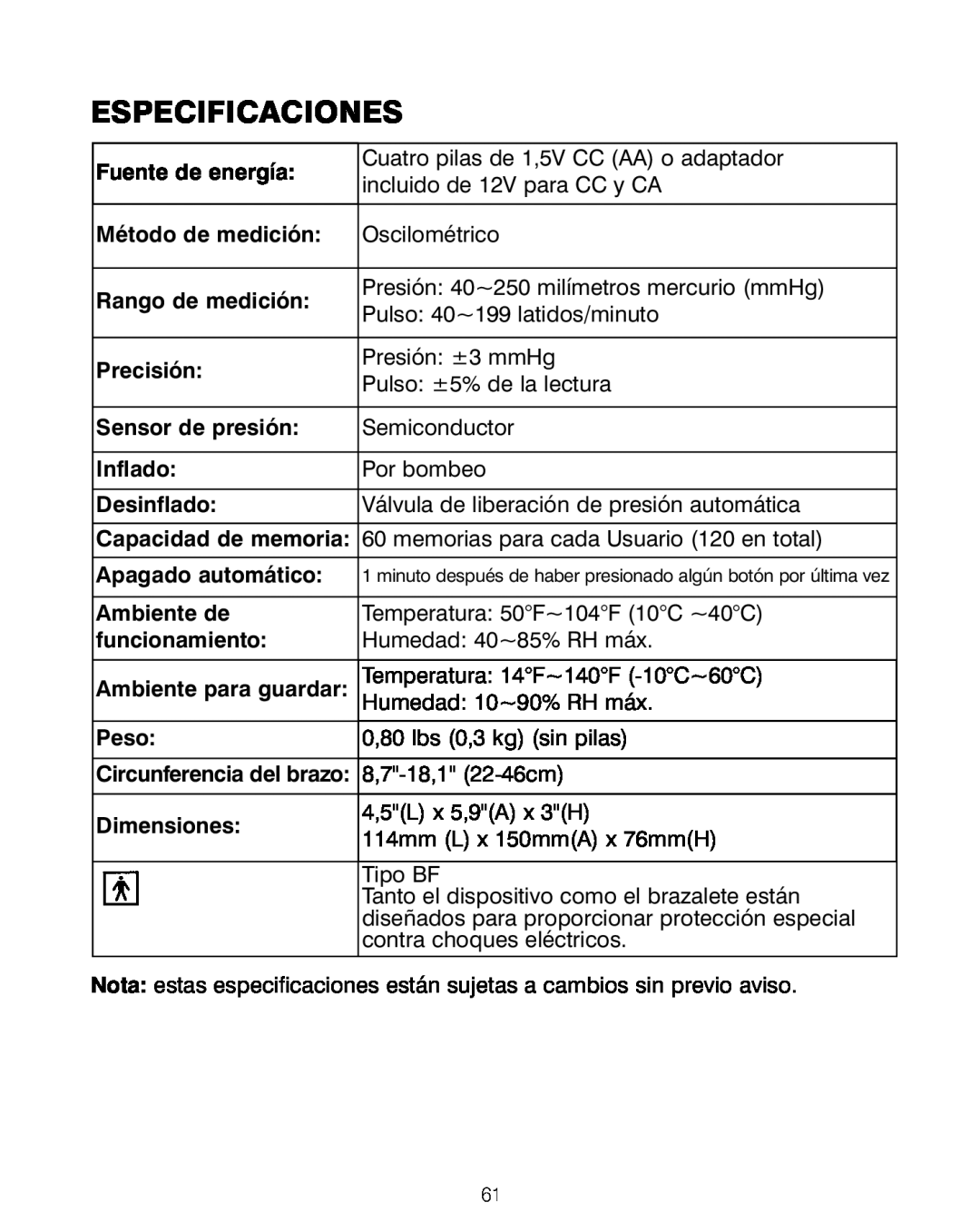 HoMedics BPA-200 manual Especificaciones 