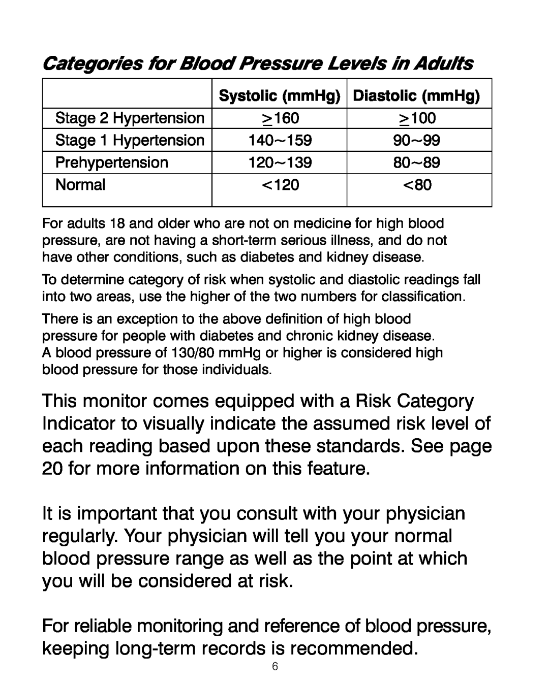 HoMedics BPA-200 manual Categories for Blood Pressure Levels in Adults 