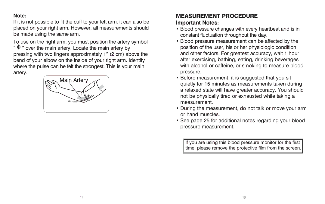 HoMedics BPA-201 manual Measurement Procedure, Important Notes 