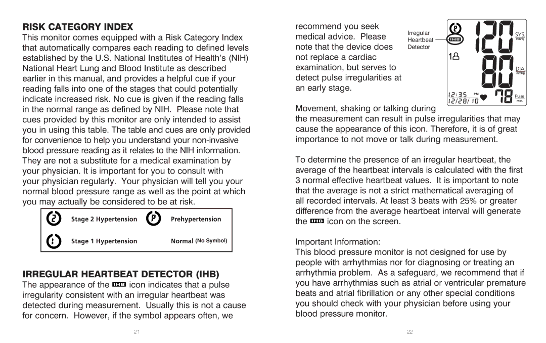 HoMedics BPA-201 manual Risk Category Index, Irregular Heartbeat Detector IHB 