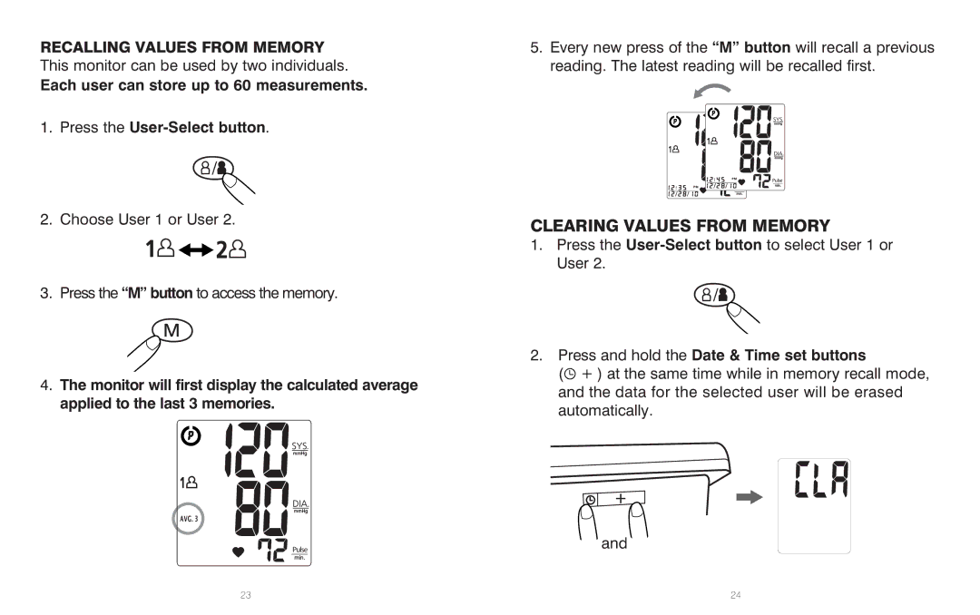 HoMedics BPA-201 manual Clearing Values from Memory, Recalling Values from Memory 