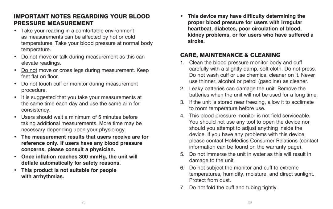 HoMedics BPA-201 manual Important Notes Regarding Your Blood Pressure Measurement, CARE, Maintenance & Cleaning 