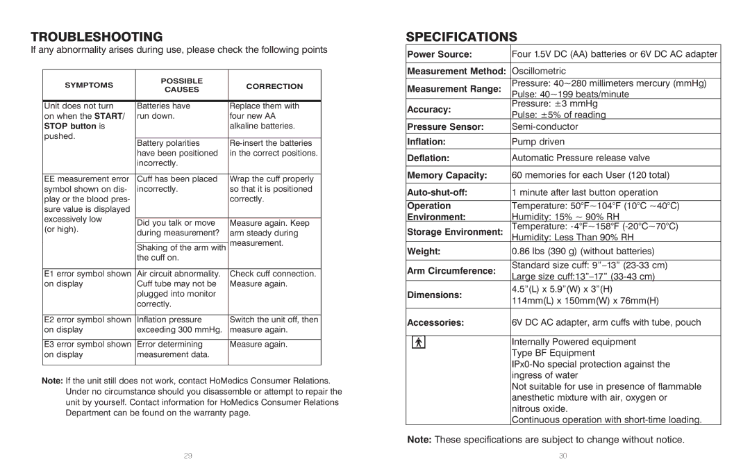 HoMedics BPA-201 manual Troubleshooting, Specifications 