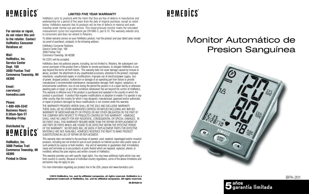 HoMedics BPA-201 manual Monitor Automático de Presion Sanguínea 