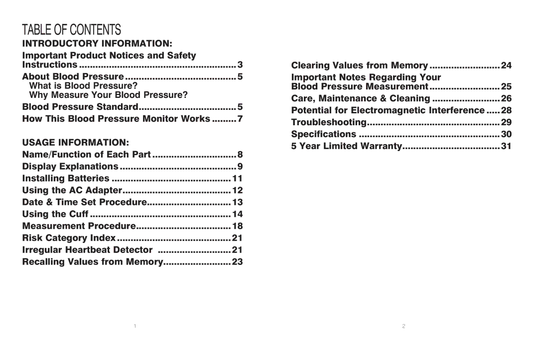 HoMedics BPA-201 manual Table of Contents 